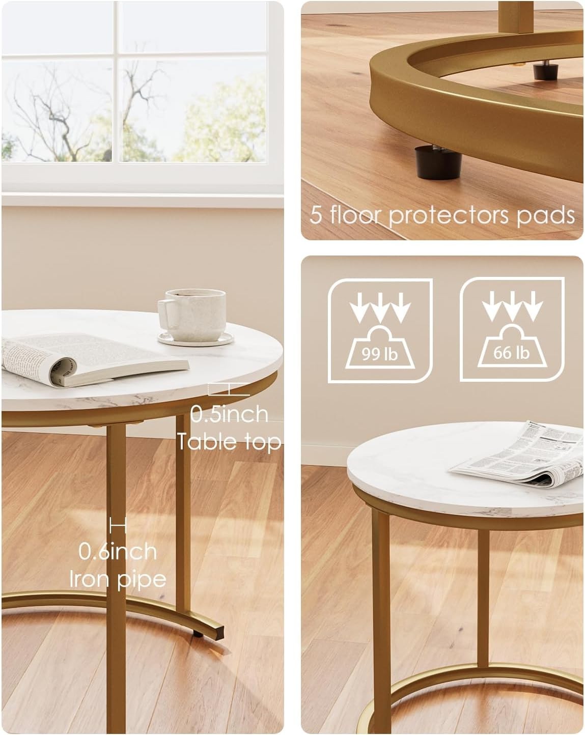 Round Nesting Coffee Tables Set of 2 – Grey Top Black Frame, Space- Gold