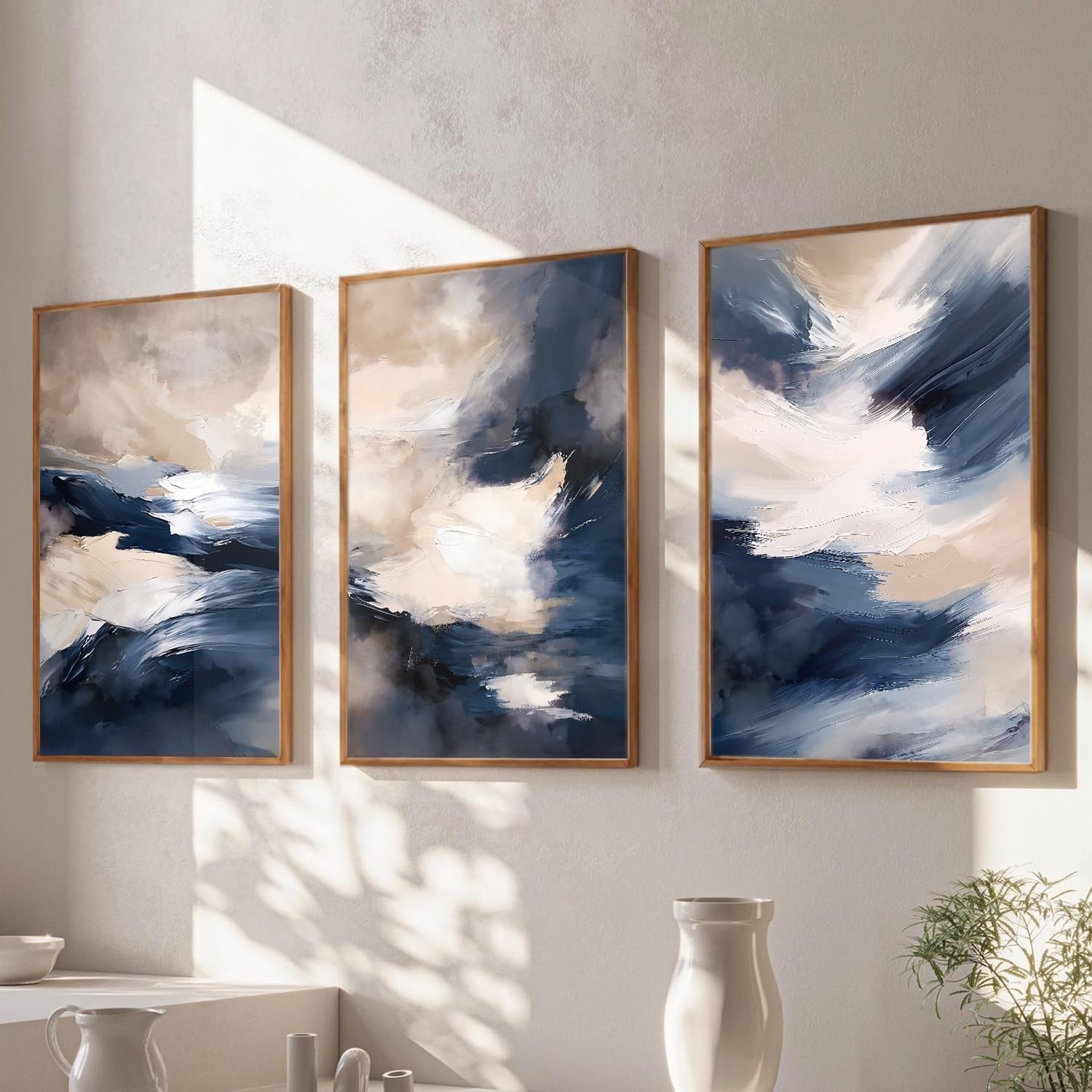 3 Panel Blue Abstract Canvas Wall Art 30x40cm Framed Set