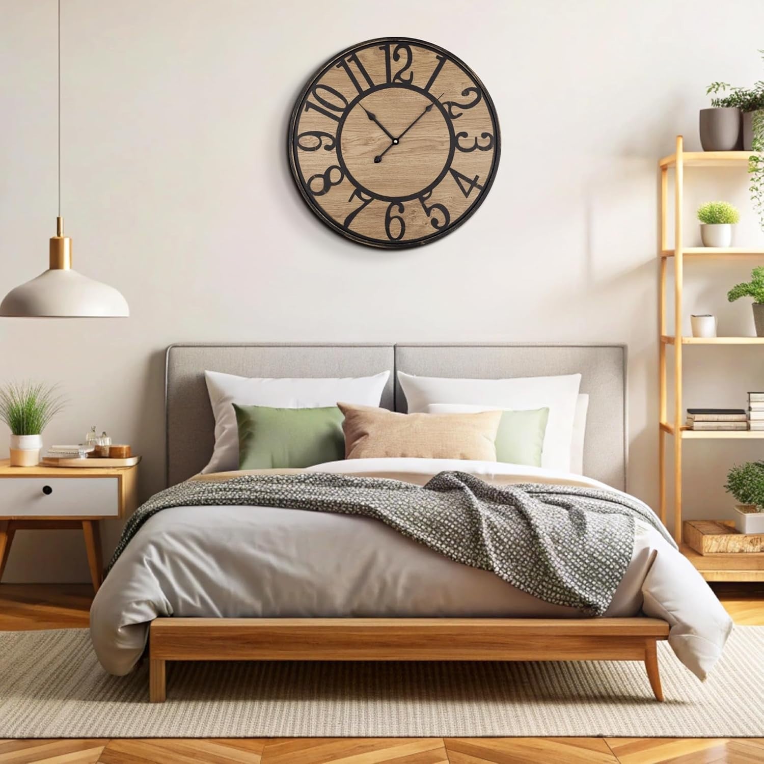 24" Silent Wall Clock Rustic Farmhouse Metal Wood Arabic Numerals Large