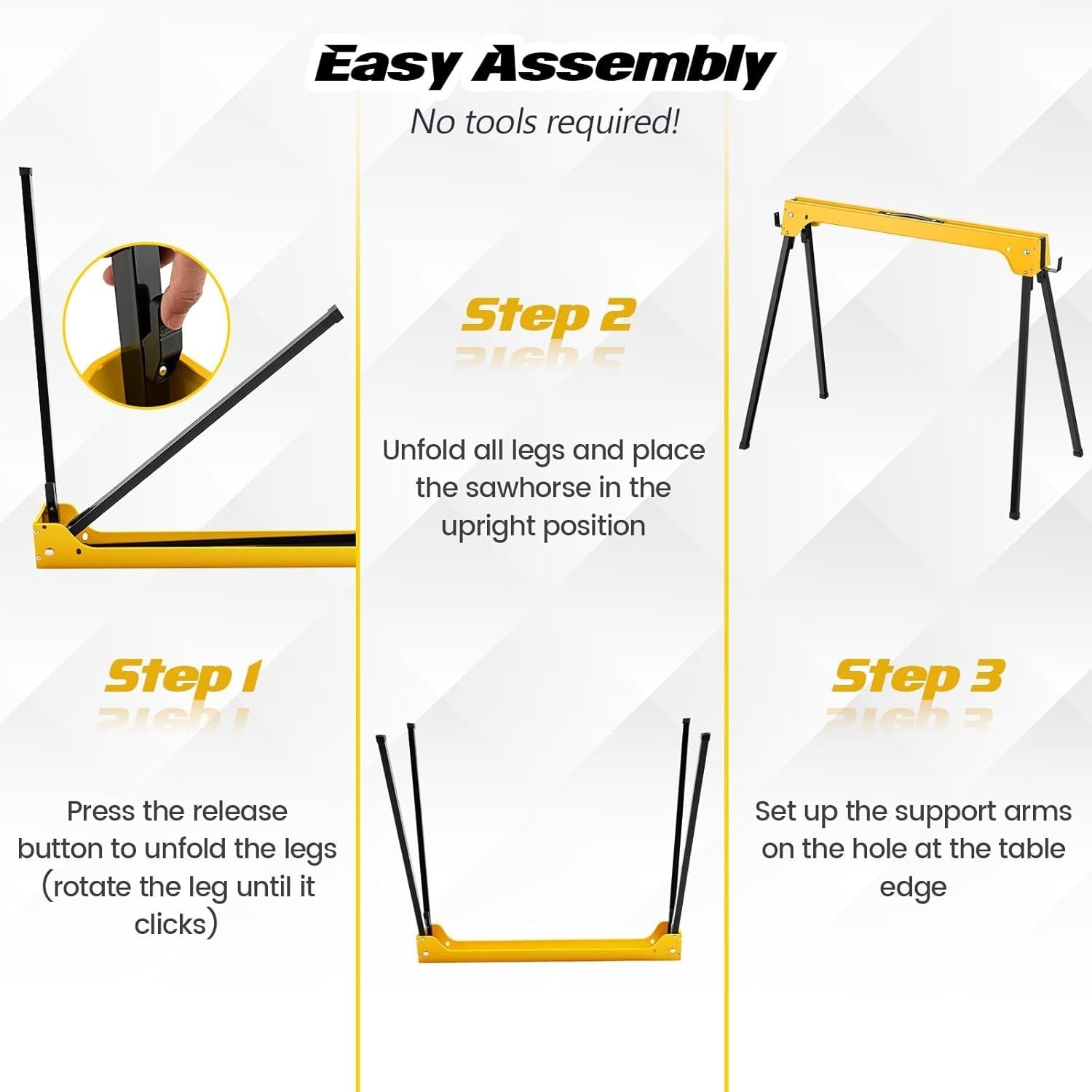 Yellow Folding Sawhorses 2-Pack Steel Trestles 227kg Load w/ Support Arms