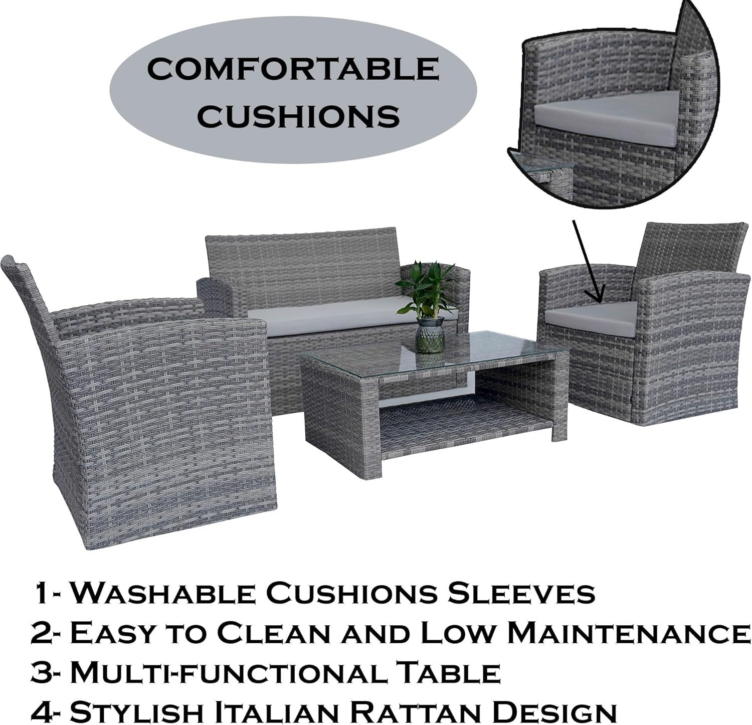 4 Seater Rattan Garden Furniture Set Outdoor Sofa Chairs Table Grey