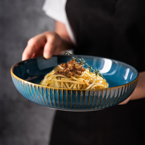 2pc Large Pasta Bowls 21cm Deep Porcelain Serving Bowls Blue Set