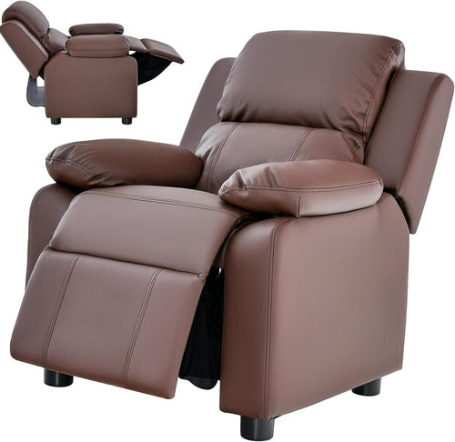 Kids Recliner Chair PU Leather Adjustable Backrest & Footrest with Storage Arms