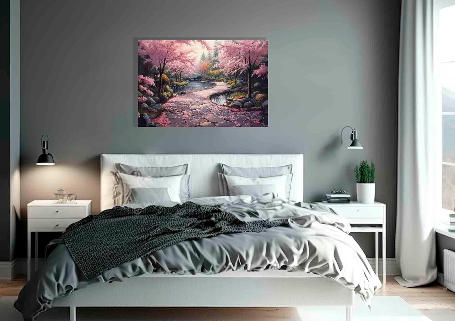 76×50 cm Pink Blossom Trees Japanese Garden Canvas Wall Art – Modern Decor
