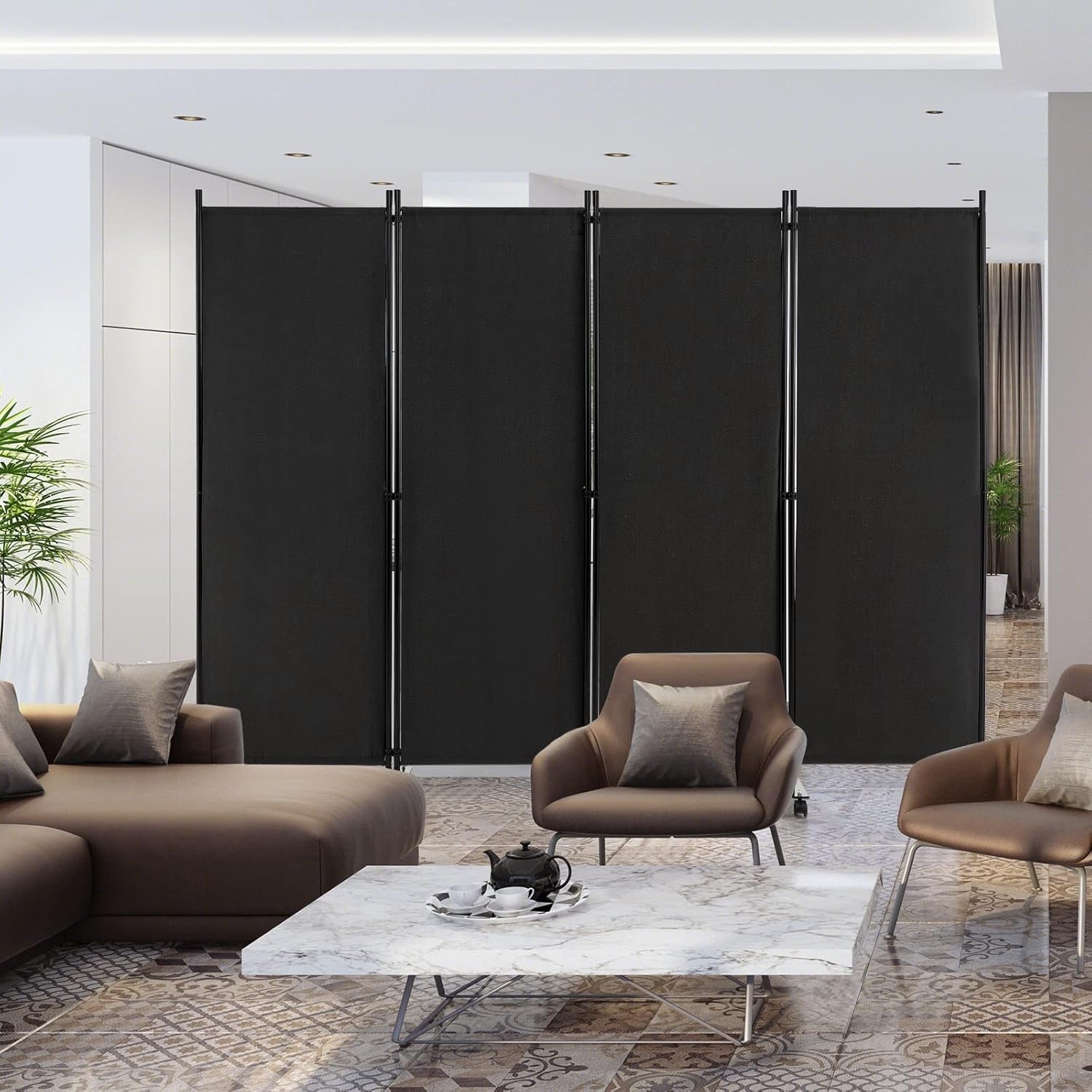 4 Panel Black Folding Room Divider Privacy Screen on Wheels for Home Office