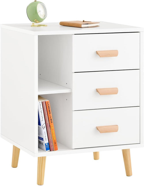Modern White 3 Drawer Bedside Table with Shelves – Scandinavian Storage Unit