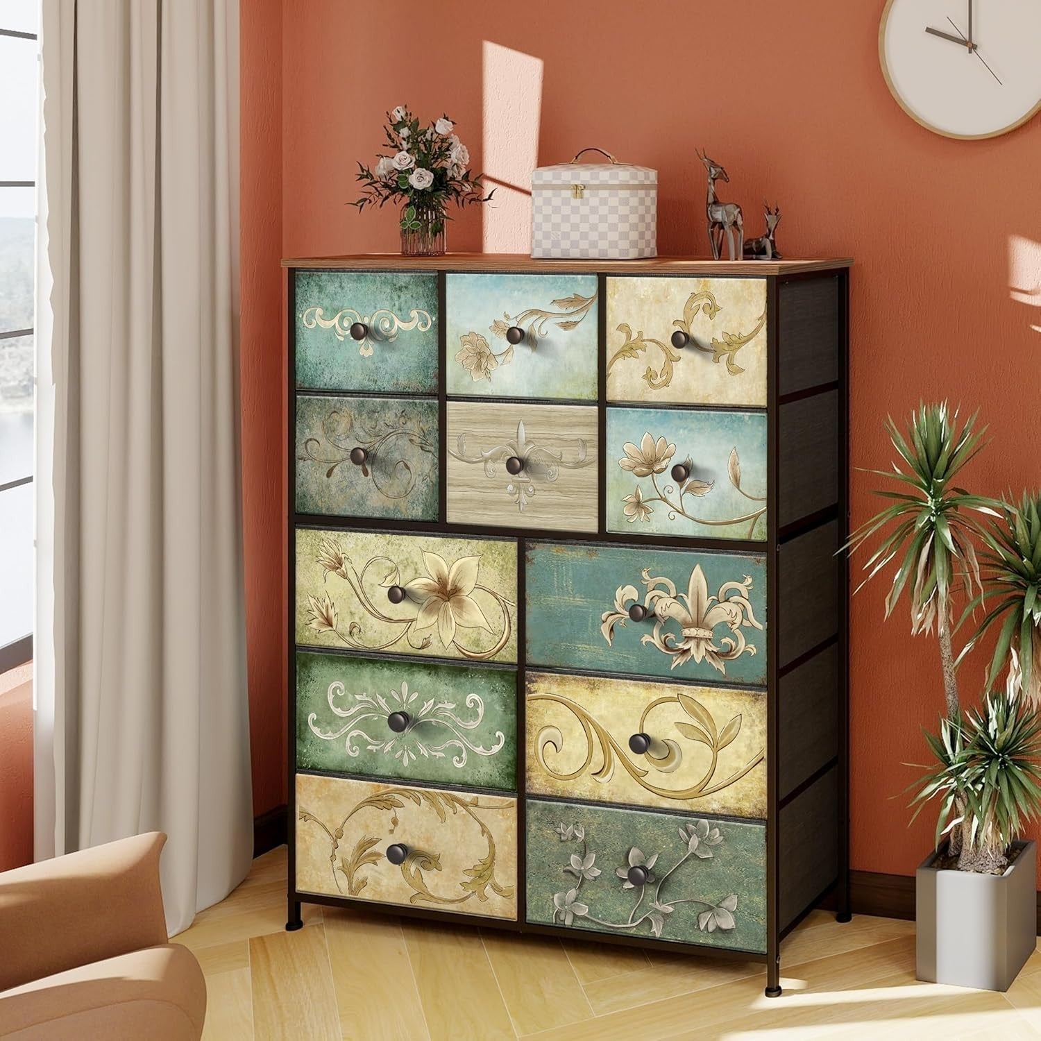 Vintage Boho 12-Drawer Fabric Dresser Chest – Rustic Storage for Bedroom, Hallwa
