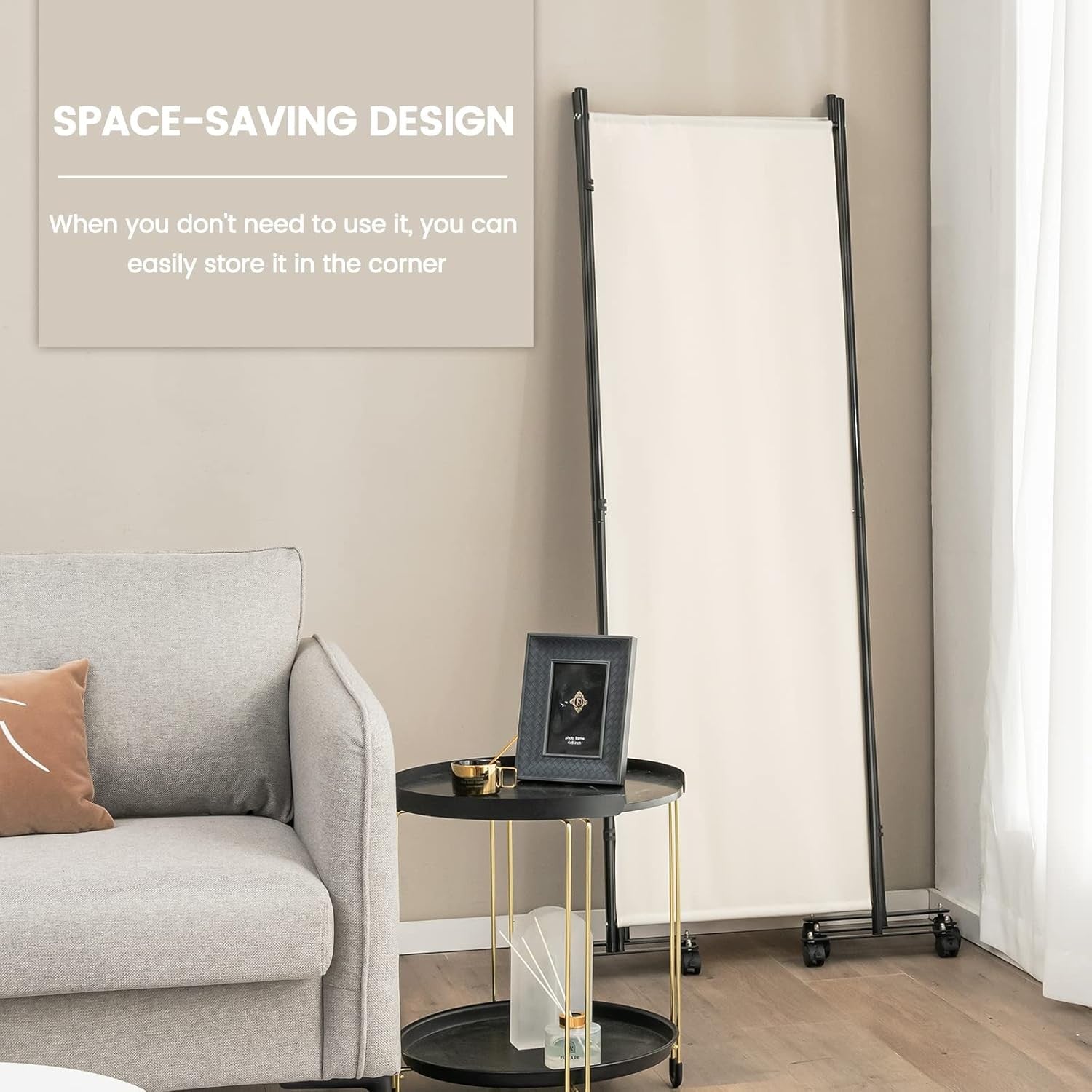 4 Panel Beige Folding Room Divider Privacy Screen on Wheels for Home Office