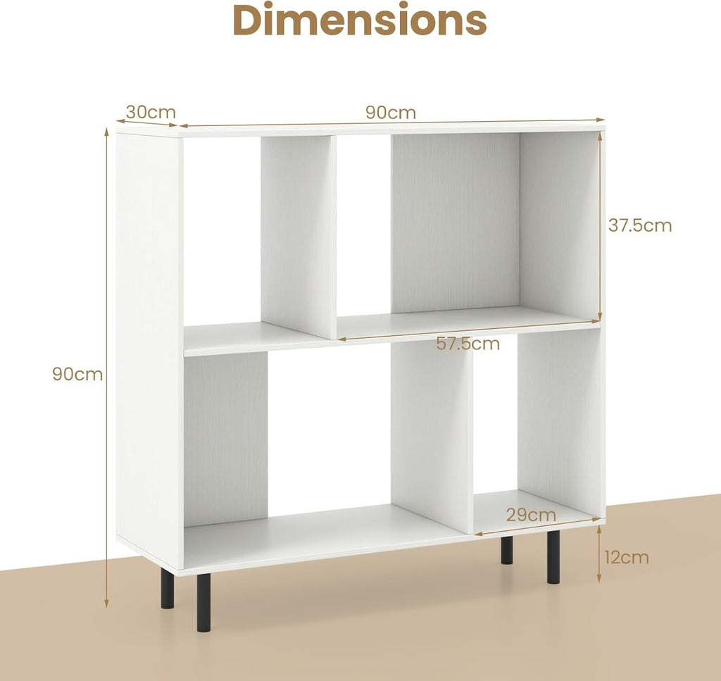 4-Cube Storage Bookcase White Wooden Shelves Metal Legs Anti-Tip 90x30x90cm