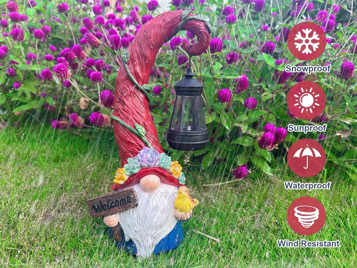Solar Gnome Garden Ornament • LED Lantern & Succulent Lights • Outdoor Decor