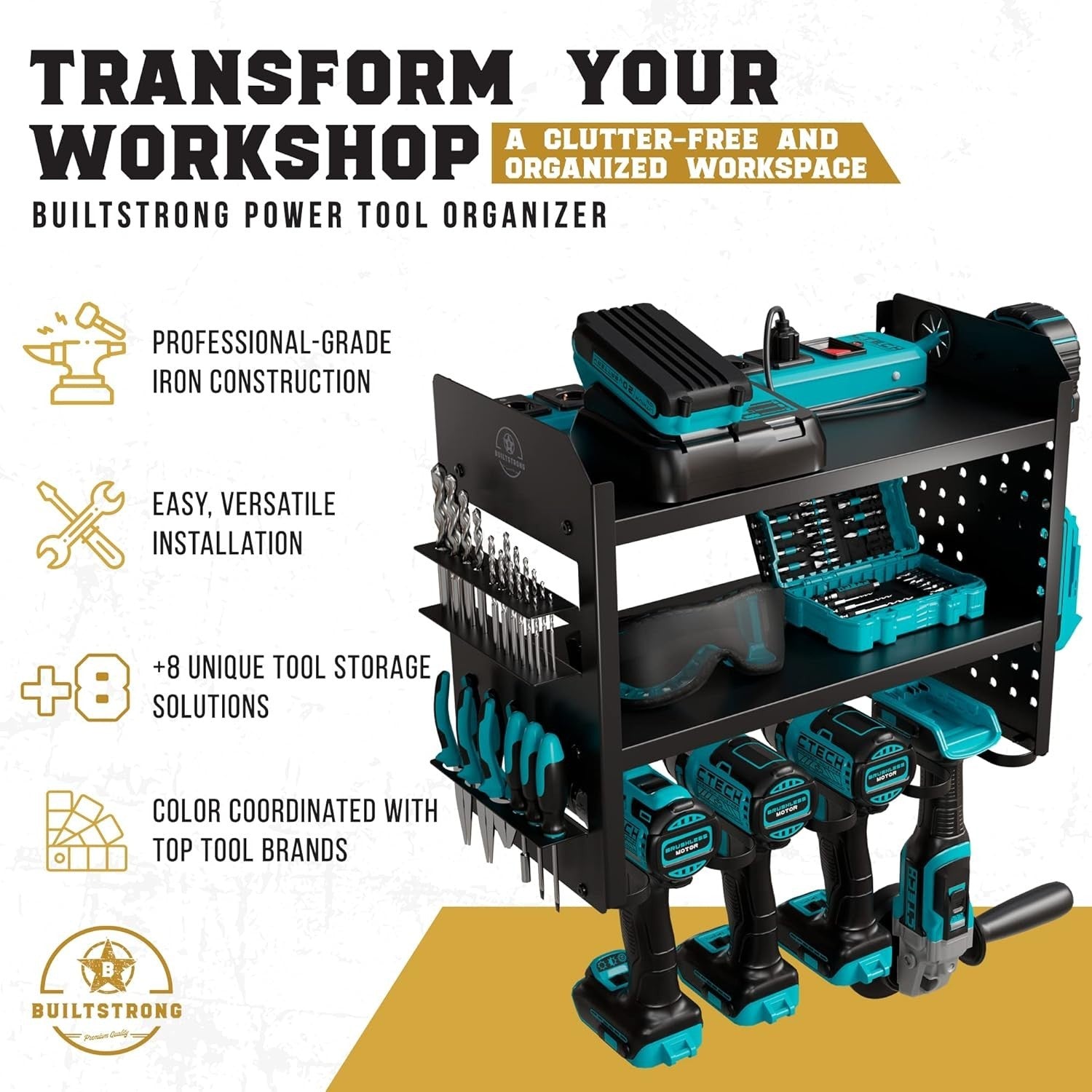 Heavy-Duty 3-Tier Black/Green Tool Rack 43.7W x 22.1D x 35.6H cm – Garage