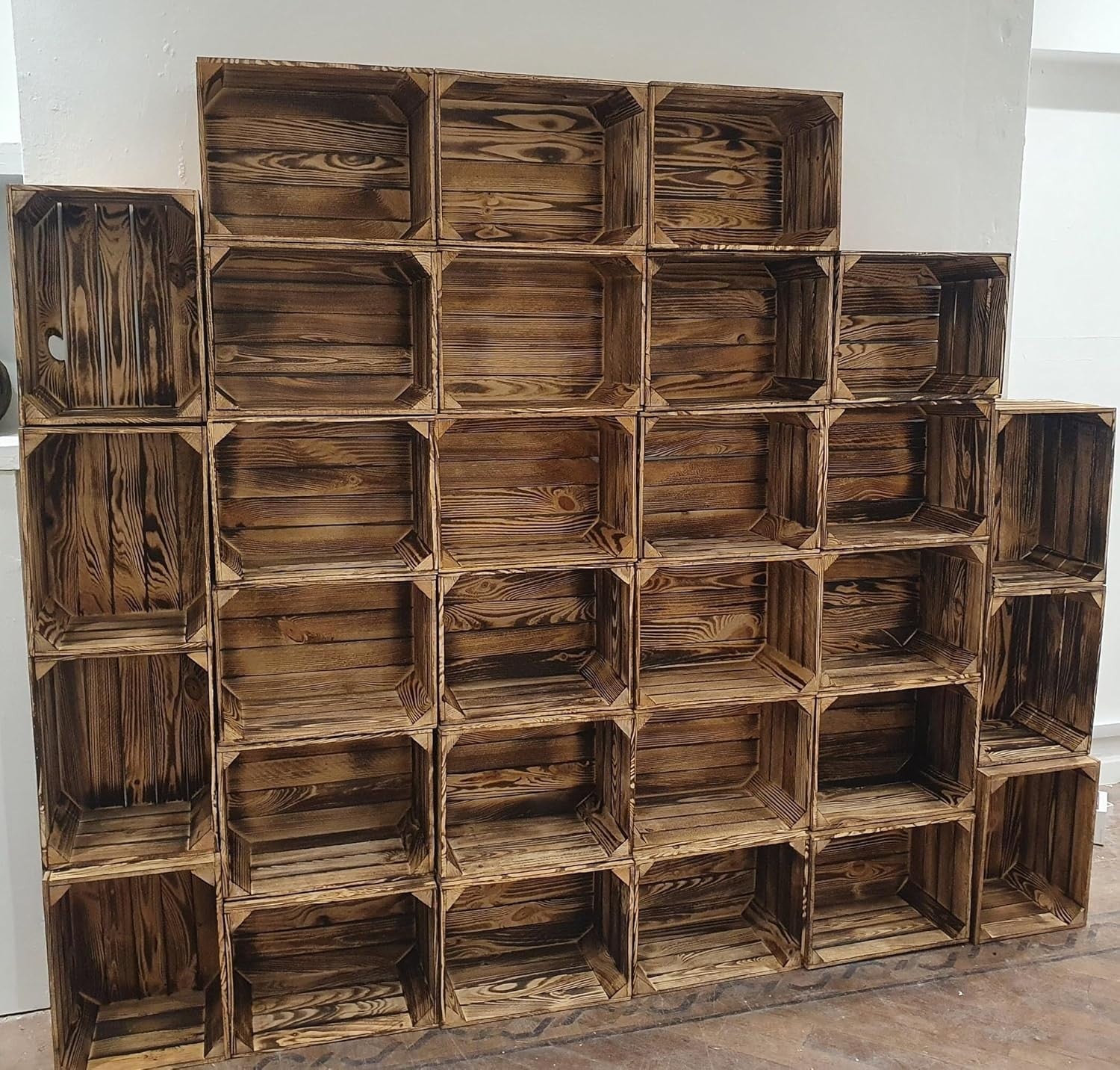 Brown Burnt Effect Wooden Crates 29x24x39cm – Handmade Set of 12