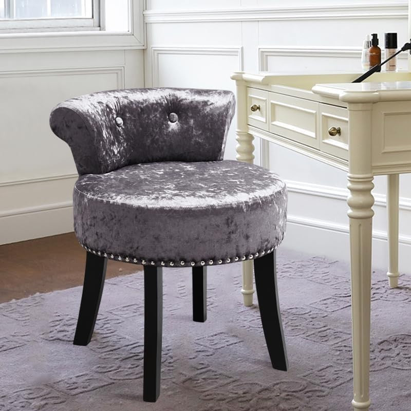 Dark Grey Ice Velvet Dressing Table Stool Low Back Wood Legs Footstool