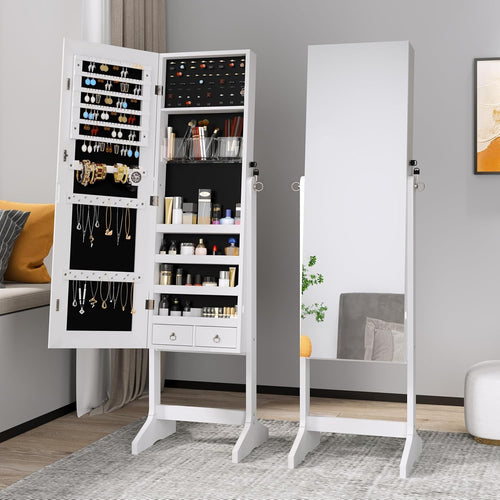 White Lockable Jewelry Cabinet Mirror Adjustable Freestanding Storage