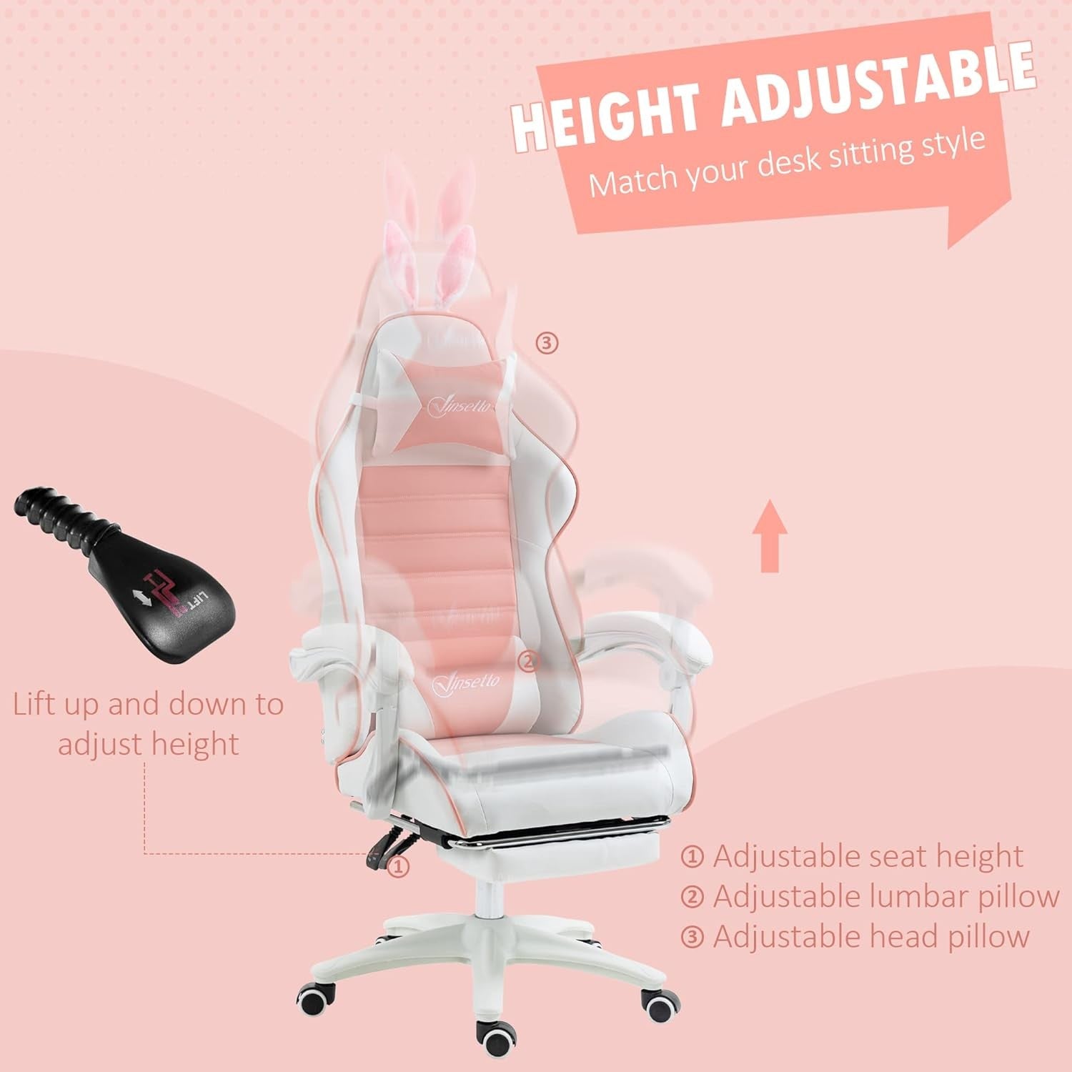 Pink Gaming Chair w/ Rabbit Ears Recliner Footrest Lumbar Support