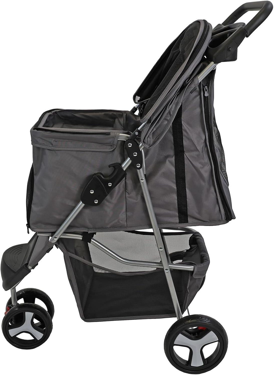 Grey Foldable Pet Stroller 4 Wheel Puppy Pushchair Weather Cover 15kg