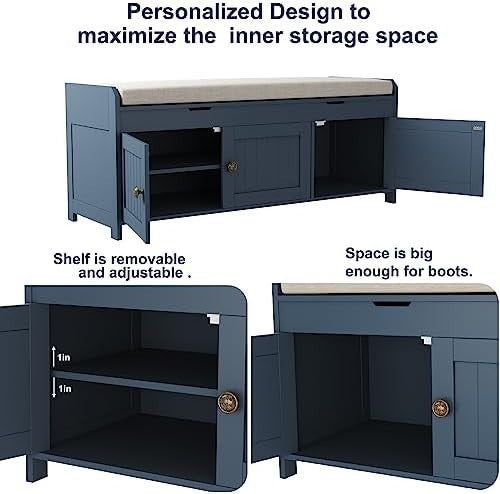 Blue Shoe Storage Bench with Cushion Seat 3-Door Cabinet & Hidden Compartment