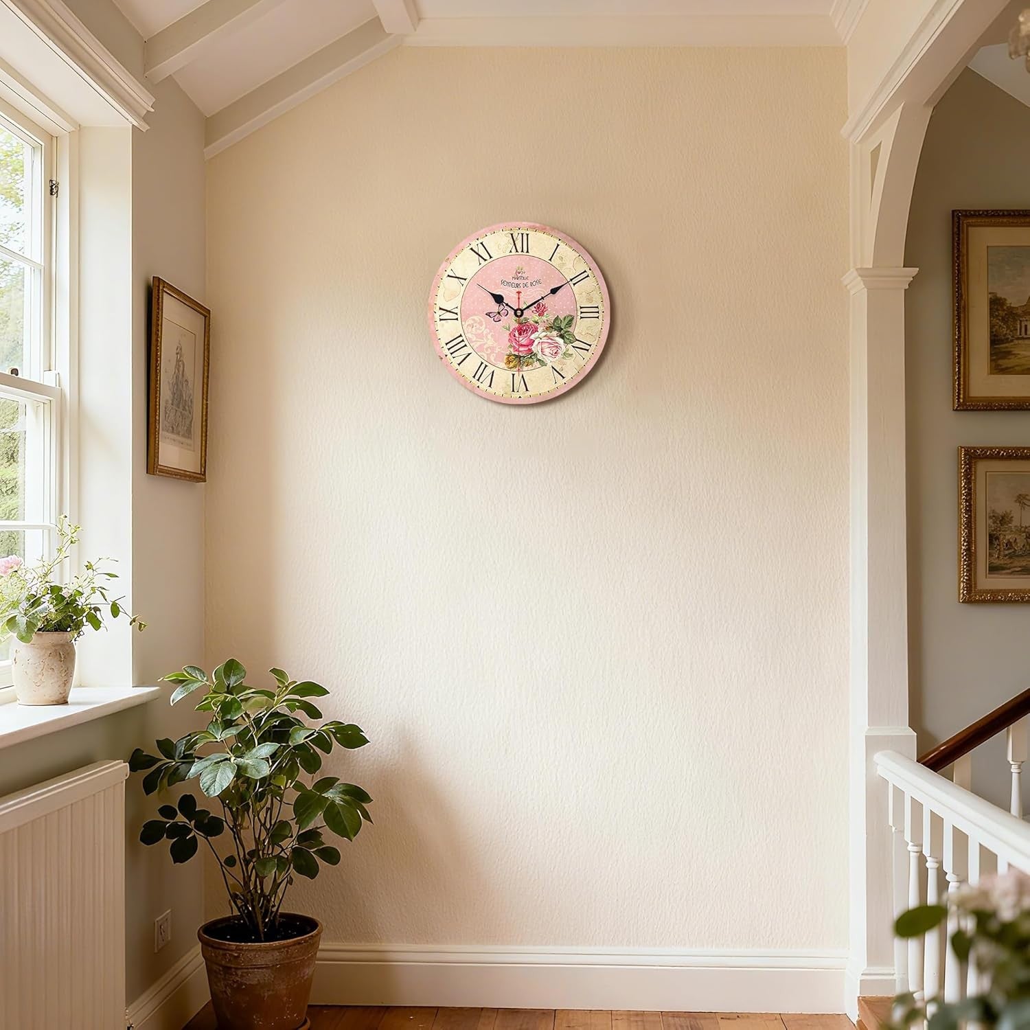 14” Vintage Pink Wooden Wall Clock Silent Non-Ticking Floral Roman Numerals Deco