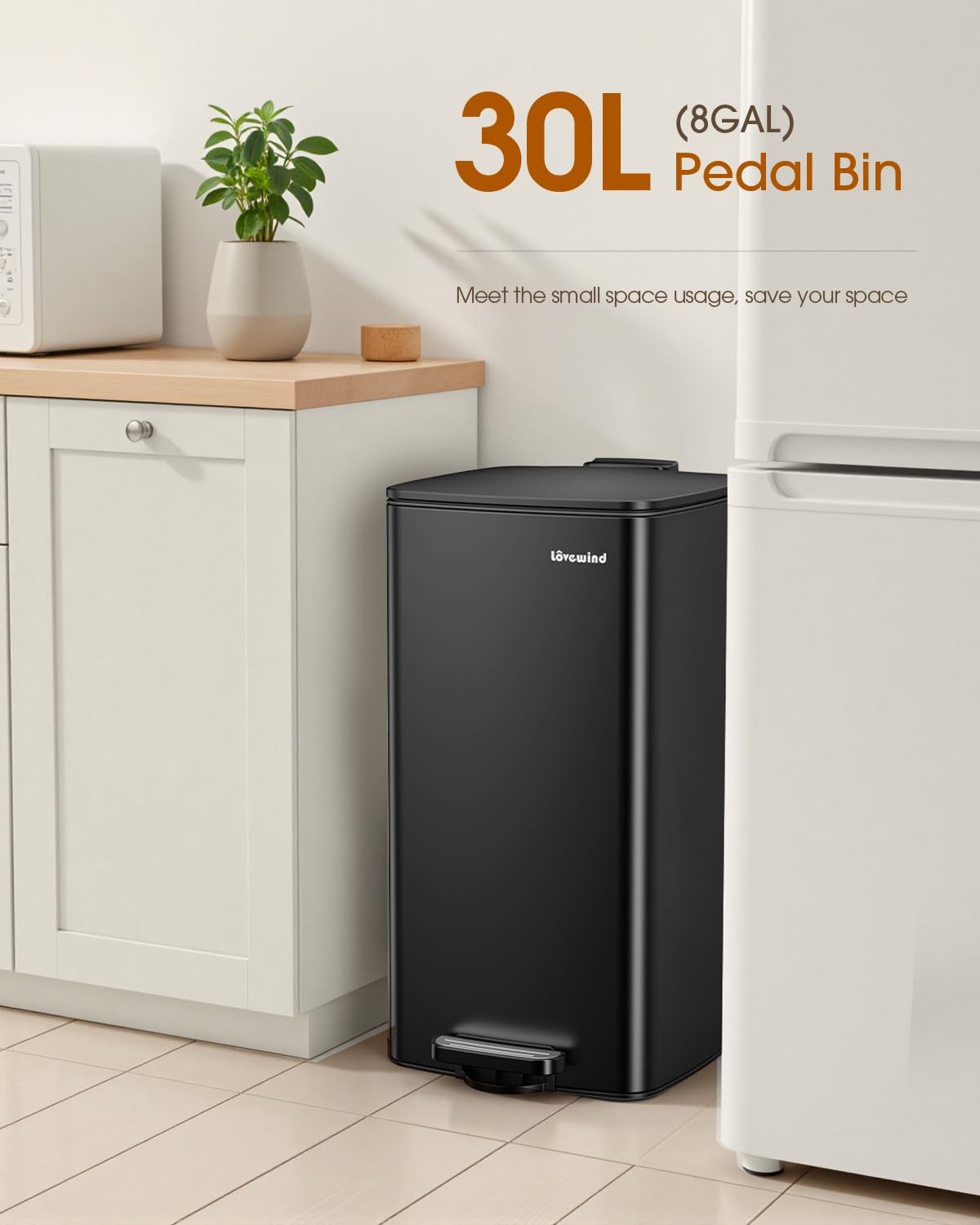 30L Black Pedal Kitchen Bin Soft Close Stainless Steel