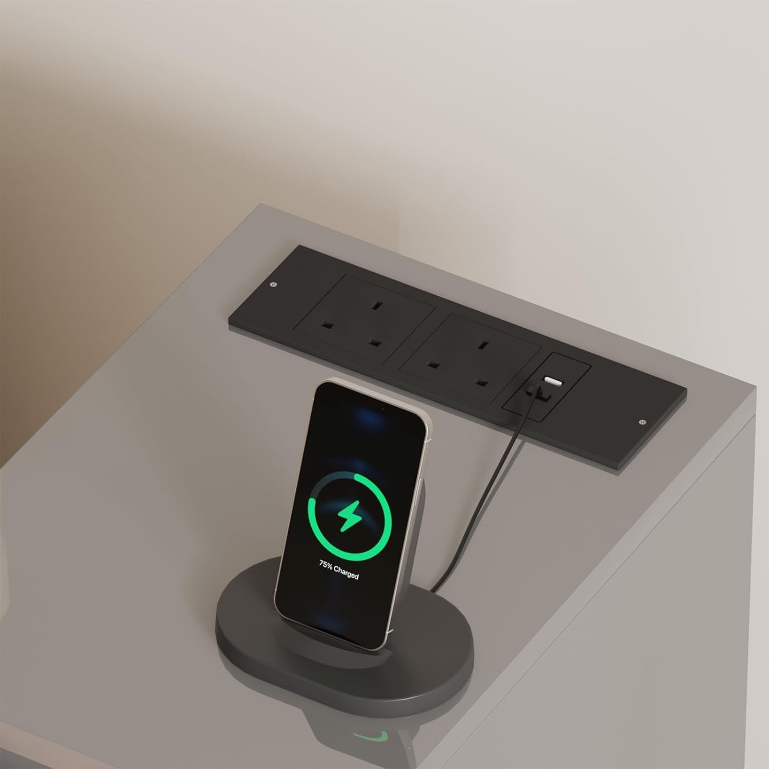 Grey Charging Bedside Table with USB Ports, Slim 3-Drawer Narrow Nightstand