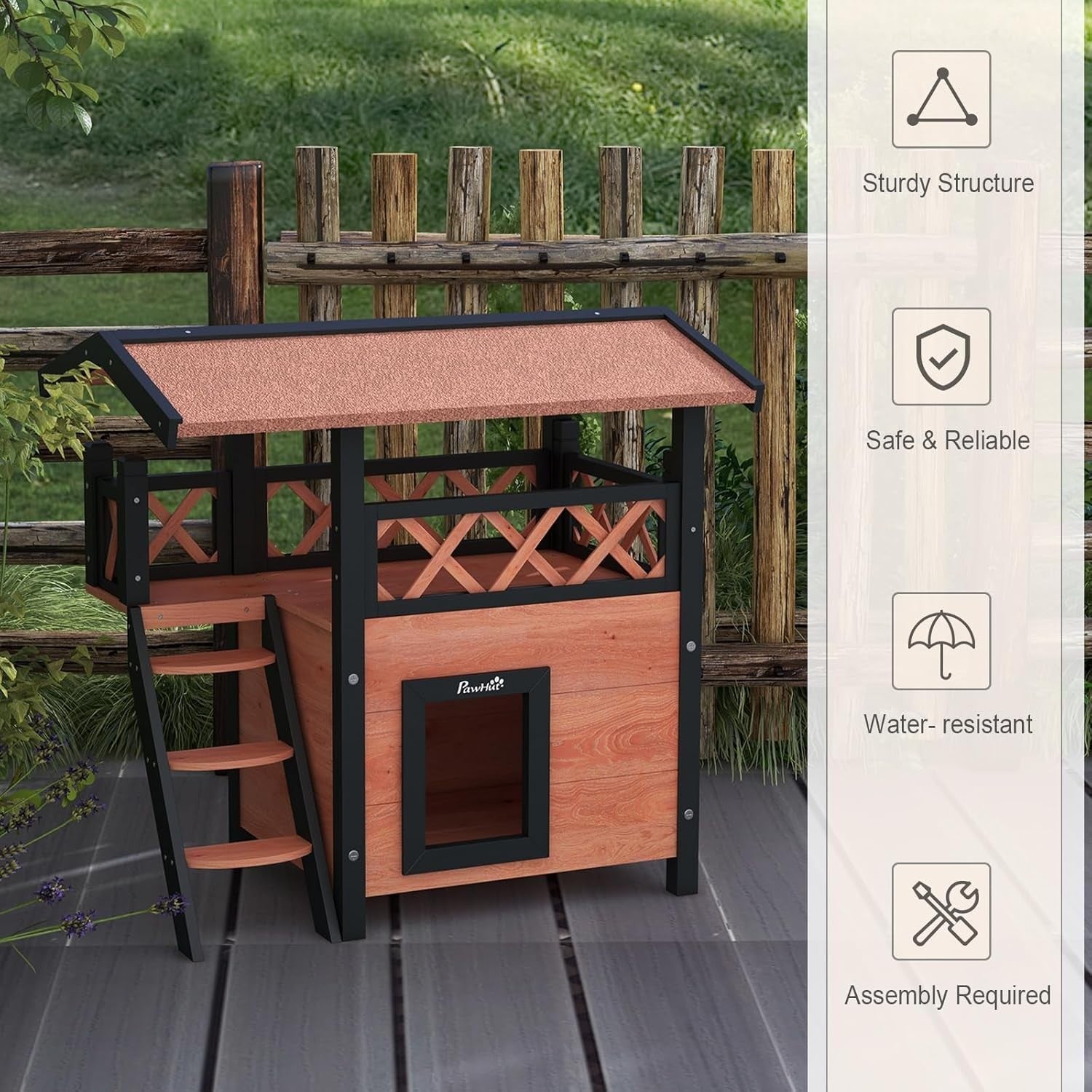 Outdoor Two-Tier Wooden Cat House with Balcony & Asphalt Roof, Weatherproof