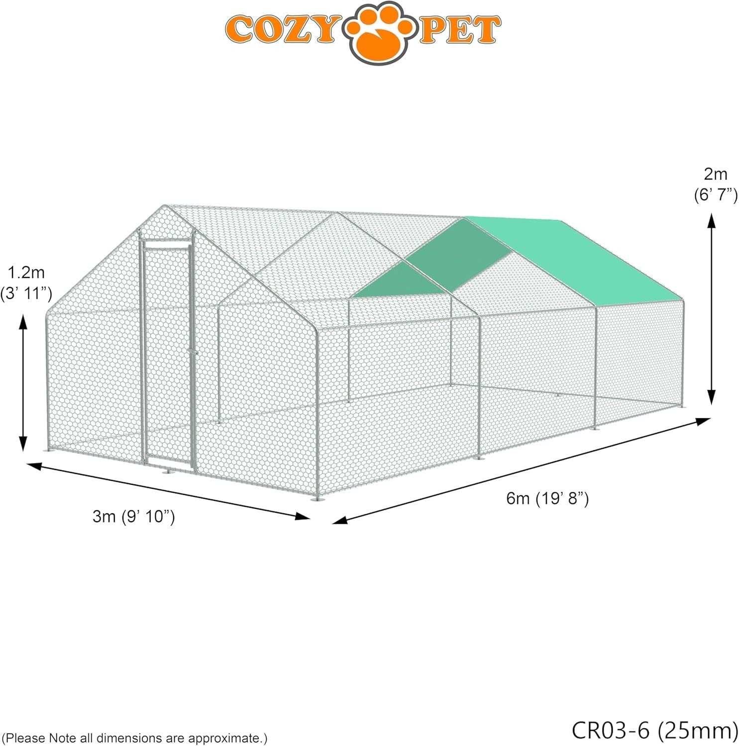 3x6m Walk In Chicken Run 25mm Steel Heavy Duty Coop