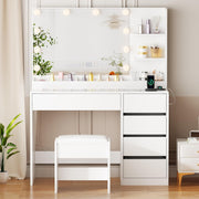 White Vanity Dressing Table Set LED Mirror Glass Top Charging Station 5 Drawers