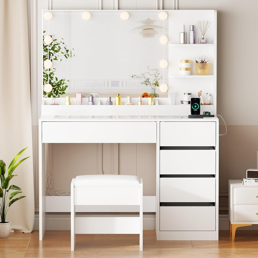 White Vanity Dressing Table Set LED Mirror Glass Top Charging Station 5 Drawers