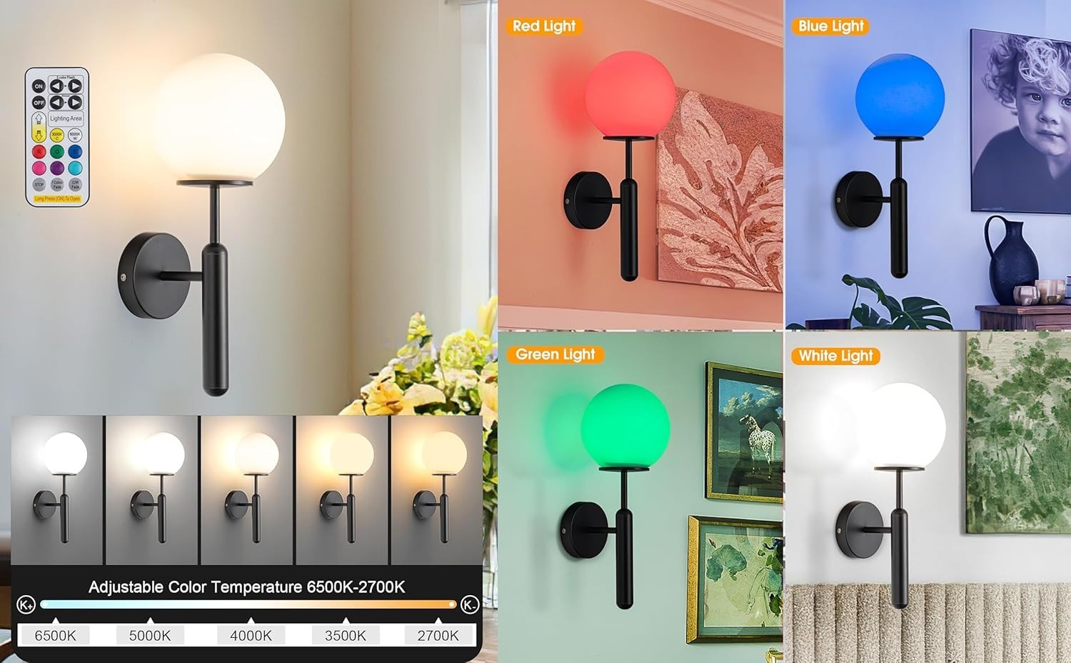 Battery Operated Black Brass Wall Sconces with Remote & Dimmable Glass