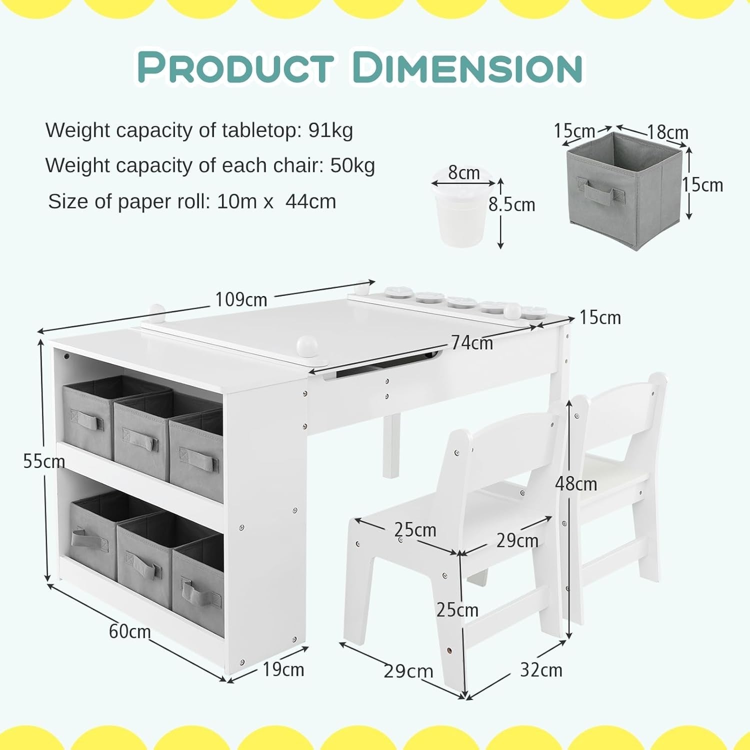 Kids Art Table and Chair Set with Storage Bins & Easel Desk White 5 Cups