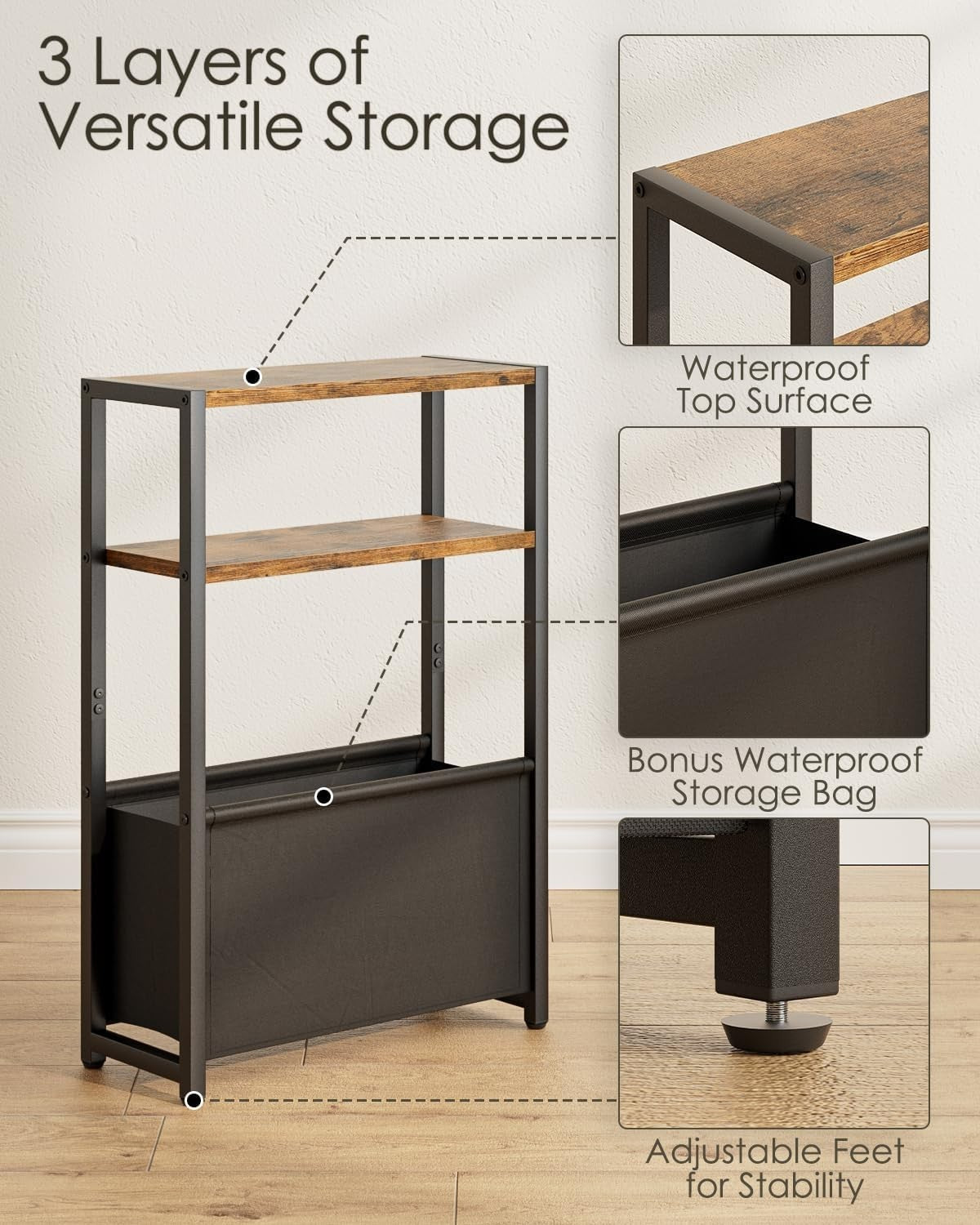 Slim Side Table with Storage Basket, Rustic Brown, Space-Saving Design