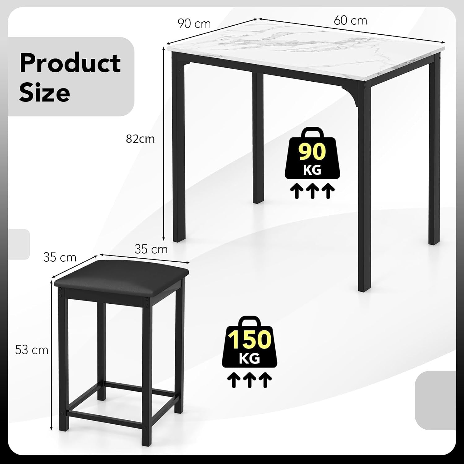 3 Piece Bar Table Set with Stools Marble Effect Top Counter Height Cream White