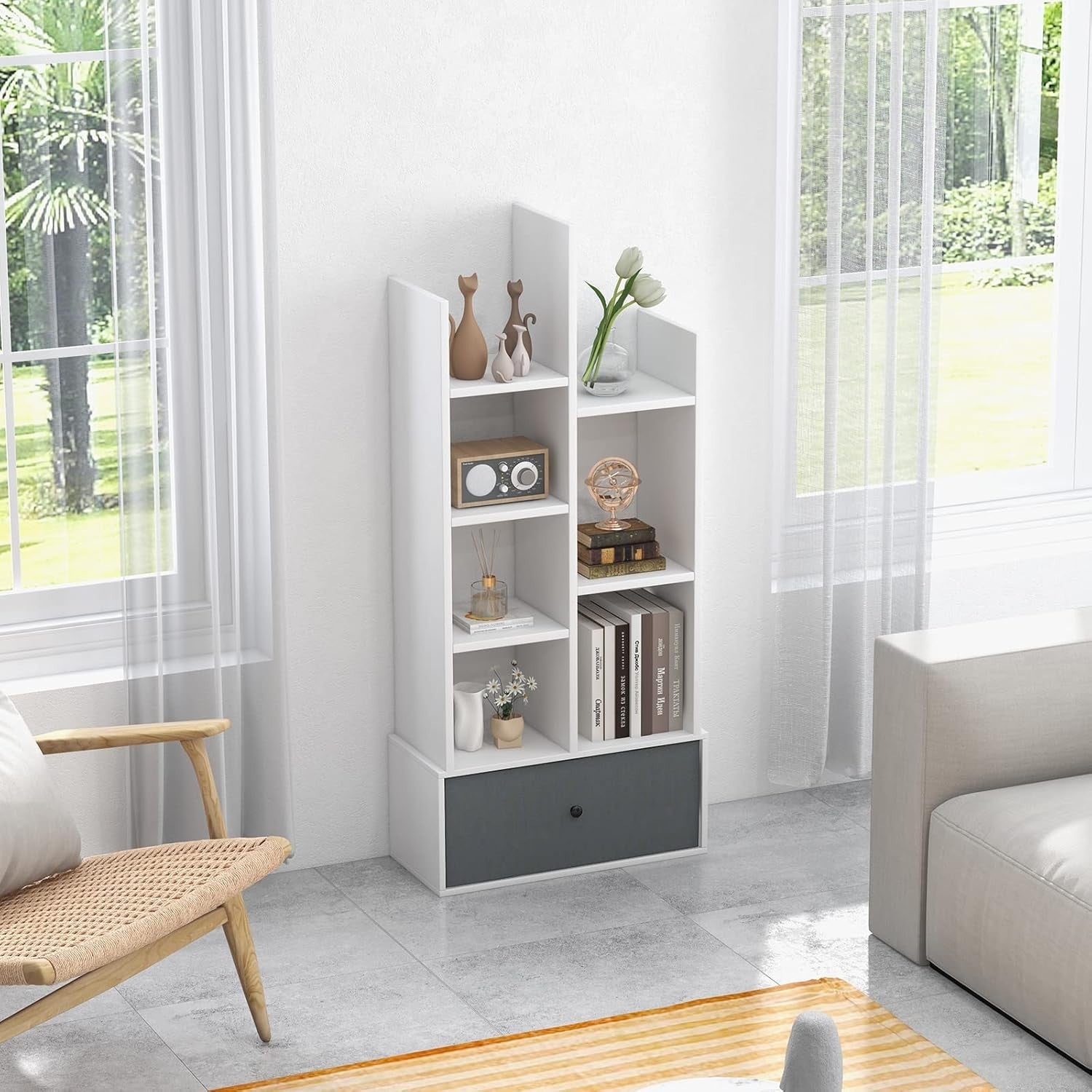White Tree-Shaped Tall Bookcase 7 Cube Storage Shelf with Drawer 53×24×118cm