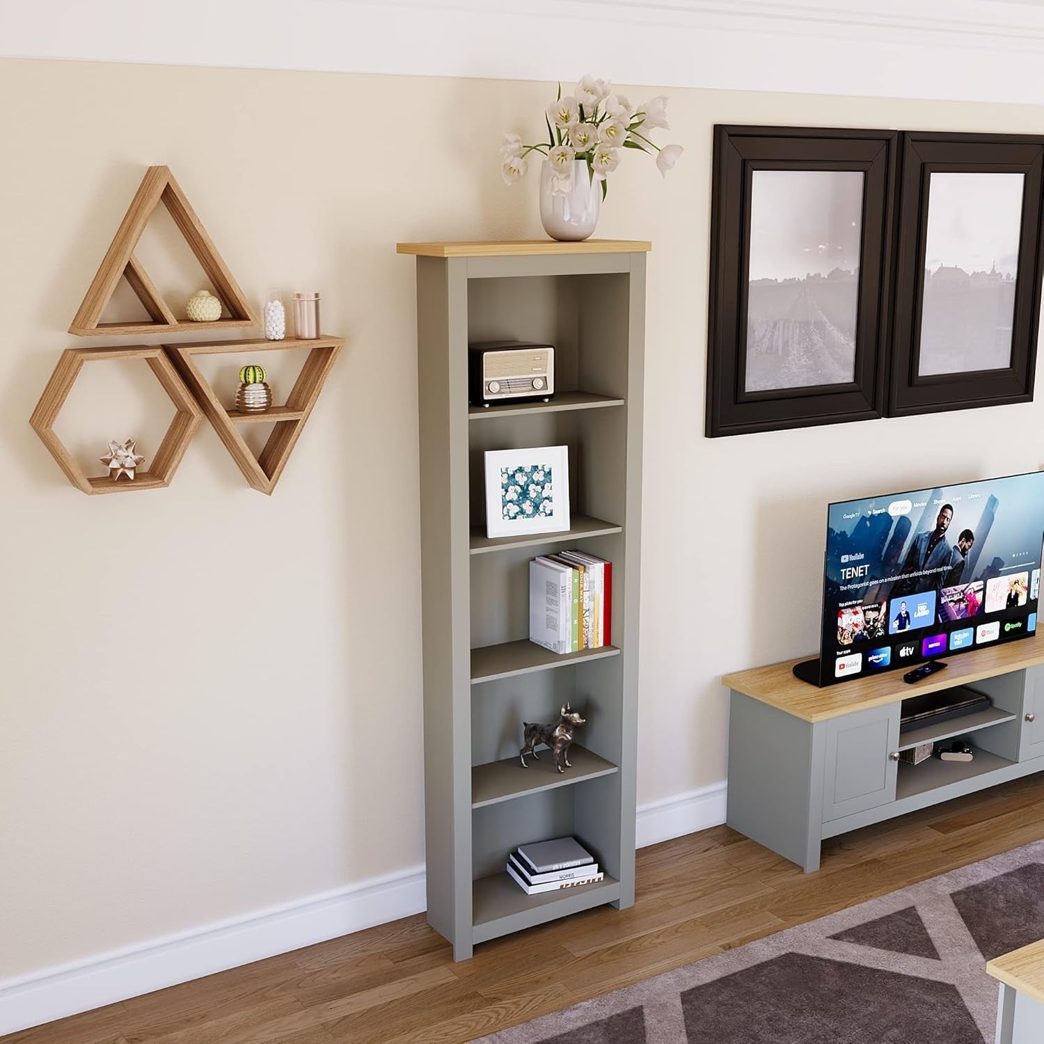 5 Tier Grey Oak Ladder Bookcase – Tall Modern Display Storage Shelf Unit 175cm
