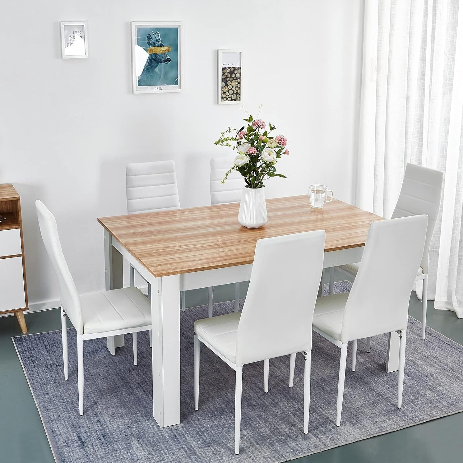 Dining Table Set 6 Chairs Faux Leather Oak Modern Kitchen Home Office