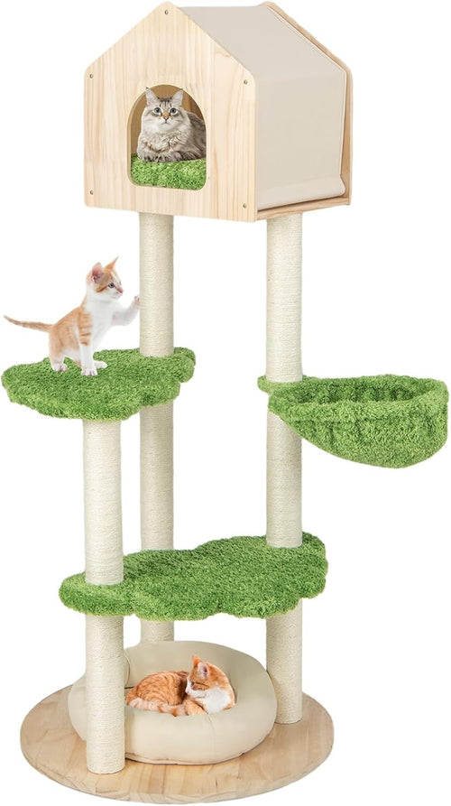 Modern Wooden Cat Tree Tower House Bed Sisal Posts Multi Level Indoor