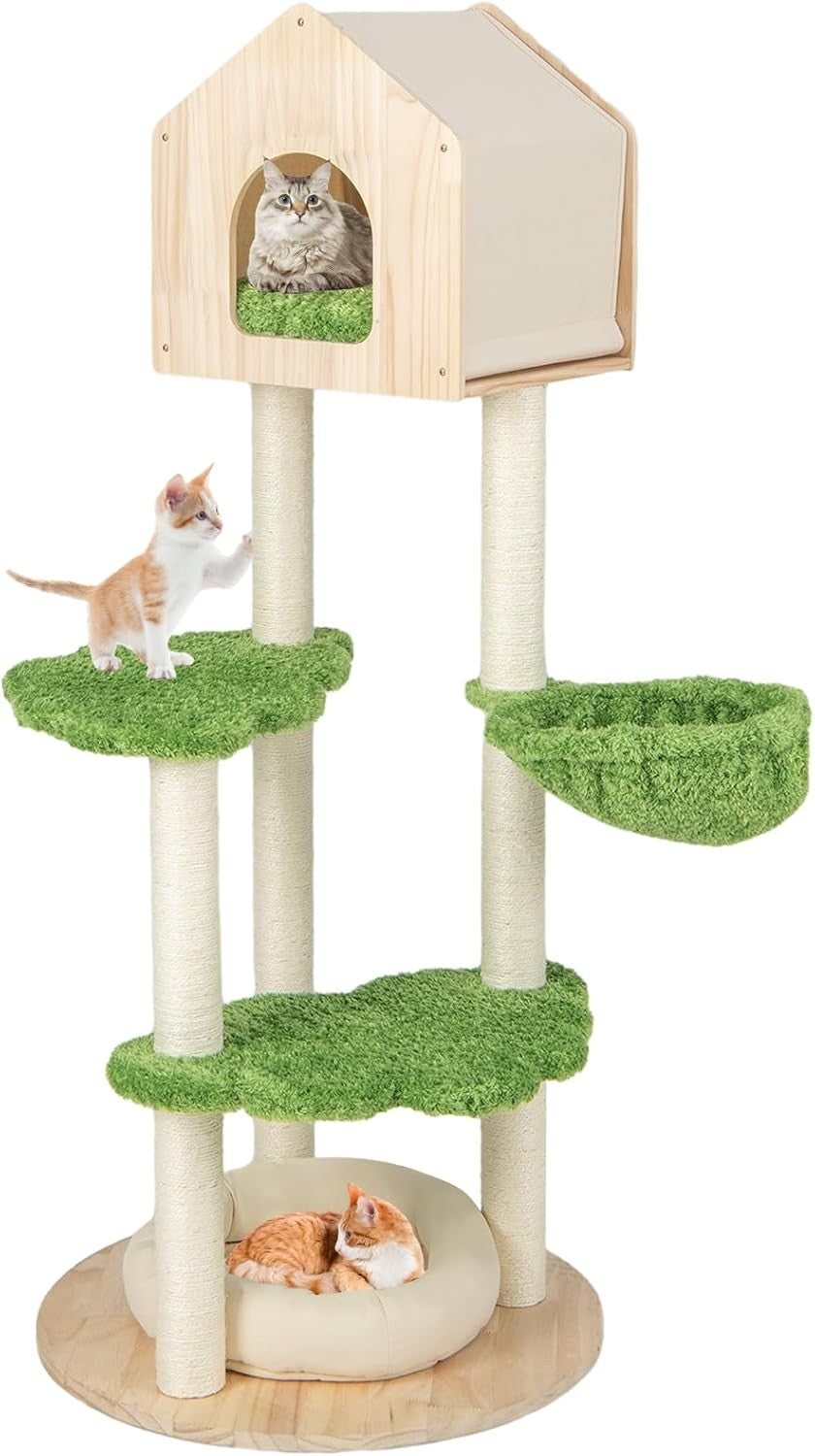 Modern Wooden Cat Tree Tower House Bed Sisal Posts Multi Level Indoor