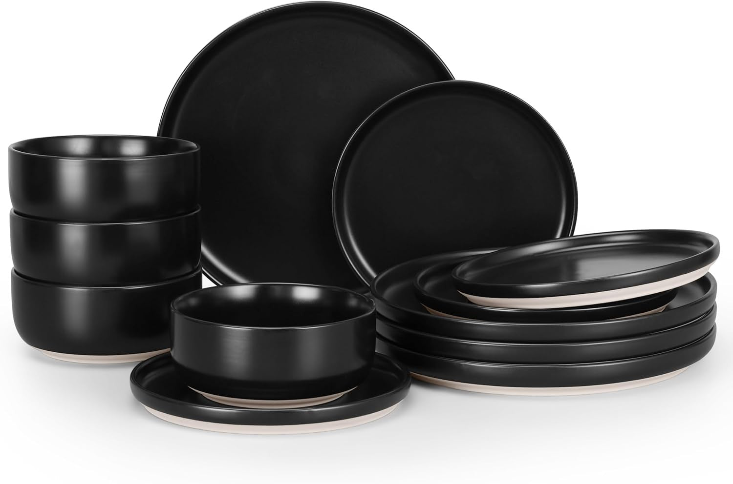 12pc Stoneware Dinnerware Set Plates Bowls Matte Black for 4