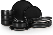 12pc Stoneware Dinnerware Set Plates Bowls Matte Black for 4