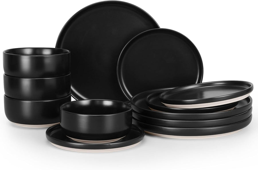 12pc Stoneware Dinnerware Set Plates Bowls Matte Black for 4