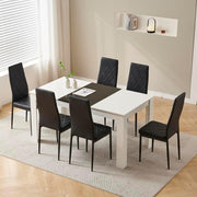Modern White 7-Piece Dining Table Set with Black Leather Chairs – Space Saving