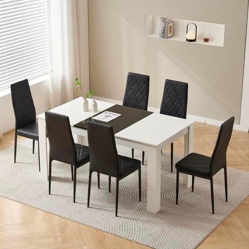 Modern White 7-Piece Dining Table Set with Black Leather Chairs – Space Saving