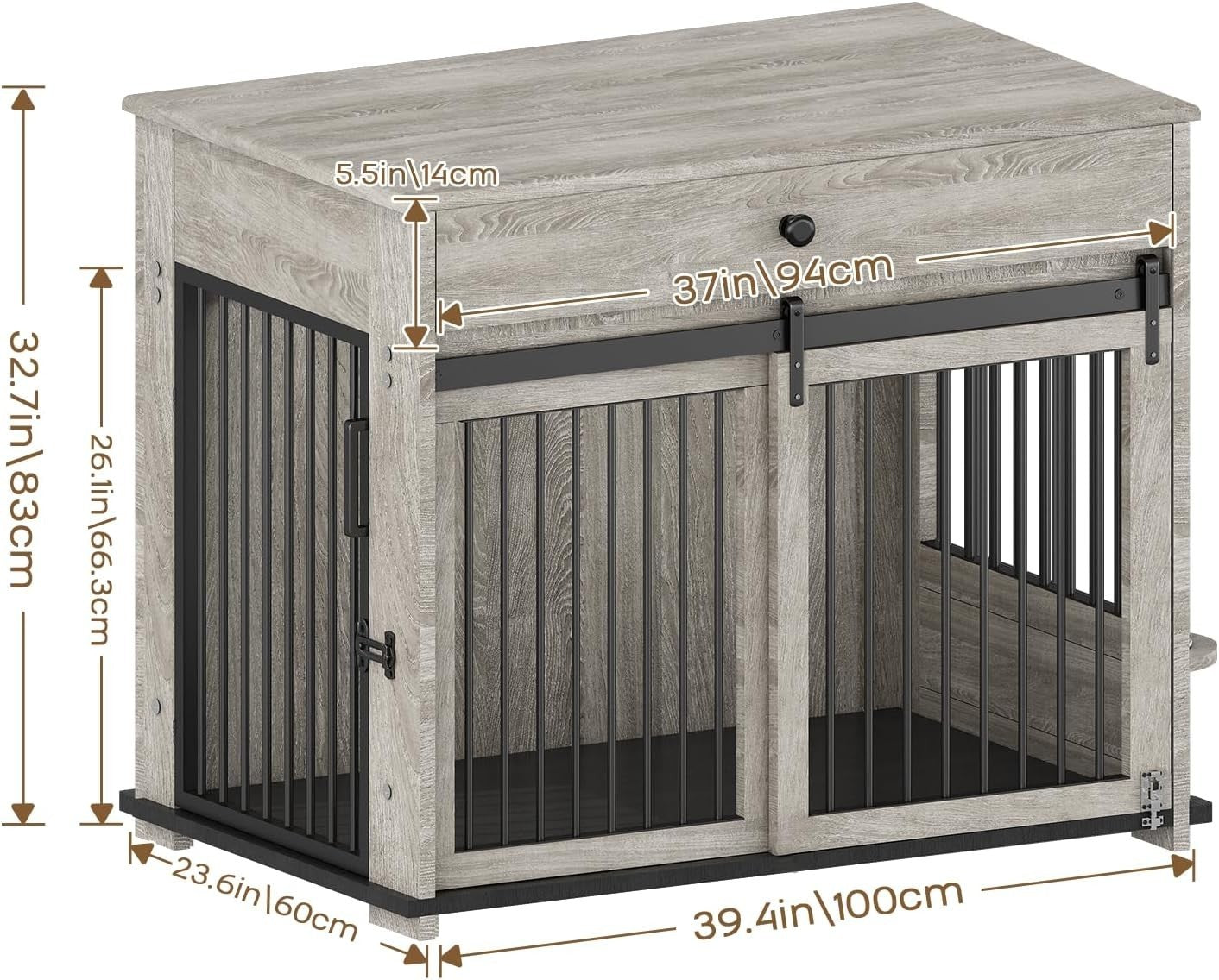 Large Indoor Wooden Dog Crate with Sliding Doors, Drawer & Rotatable Bowl