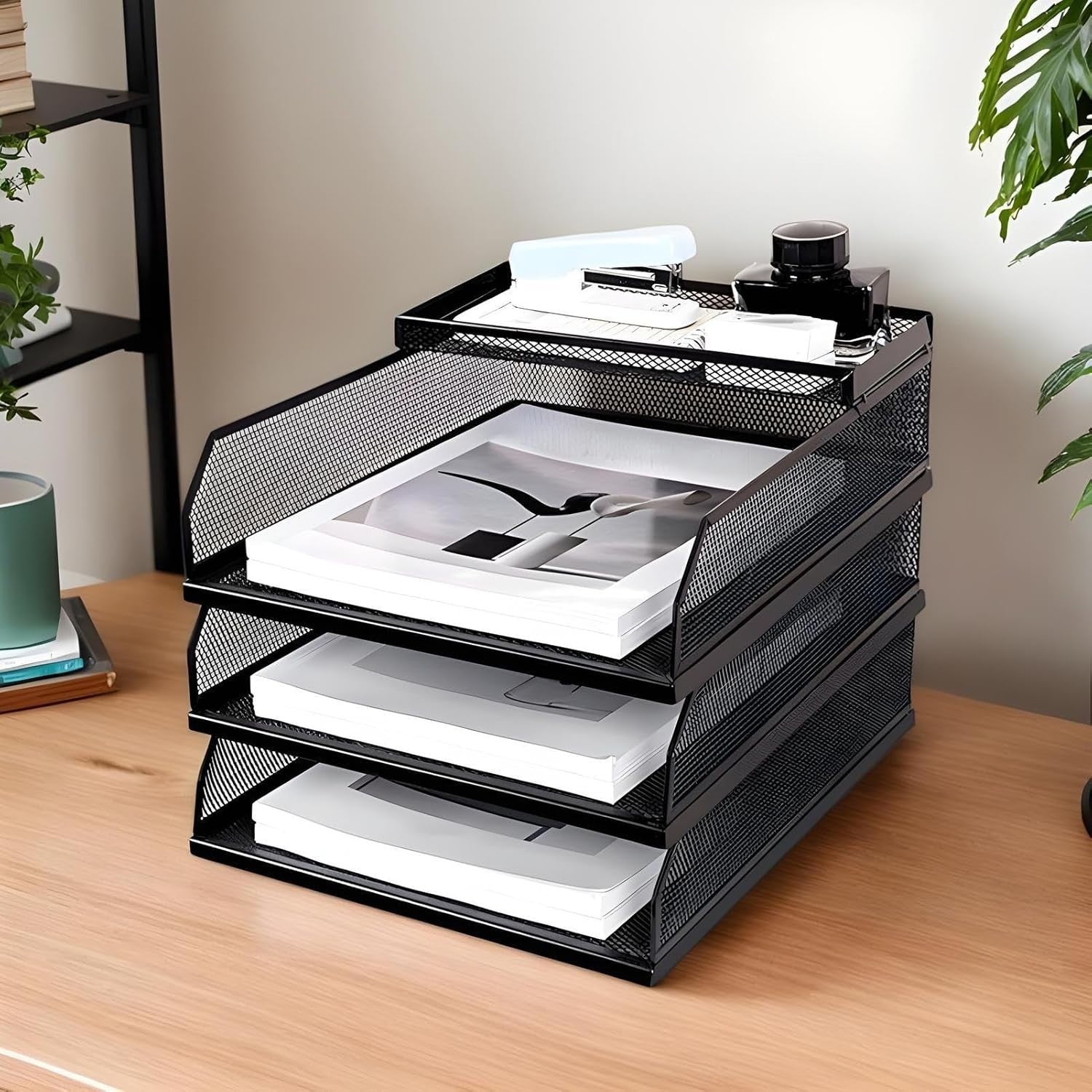 Desk File Organizer Vertical Mesh Paper Tray | 3-Layer Stackable Office Storage
