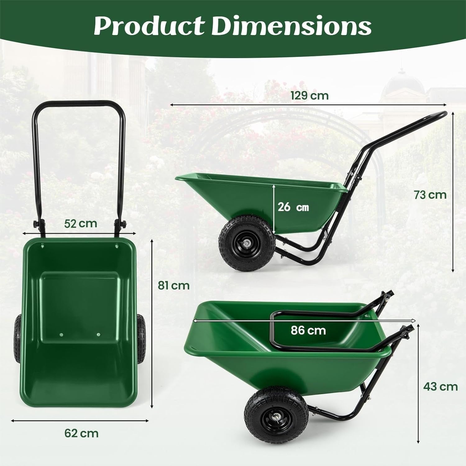80L 2-Wheel Garden Wheelbarrow Green – Foldable Handle w/ Pneumatic Tyres 100kg