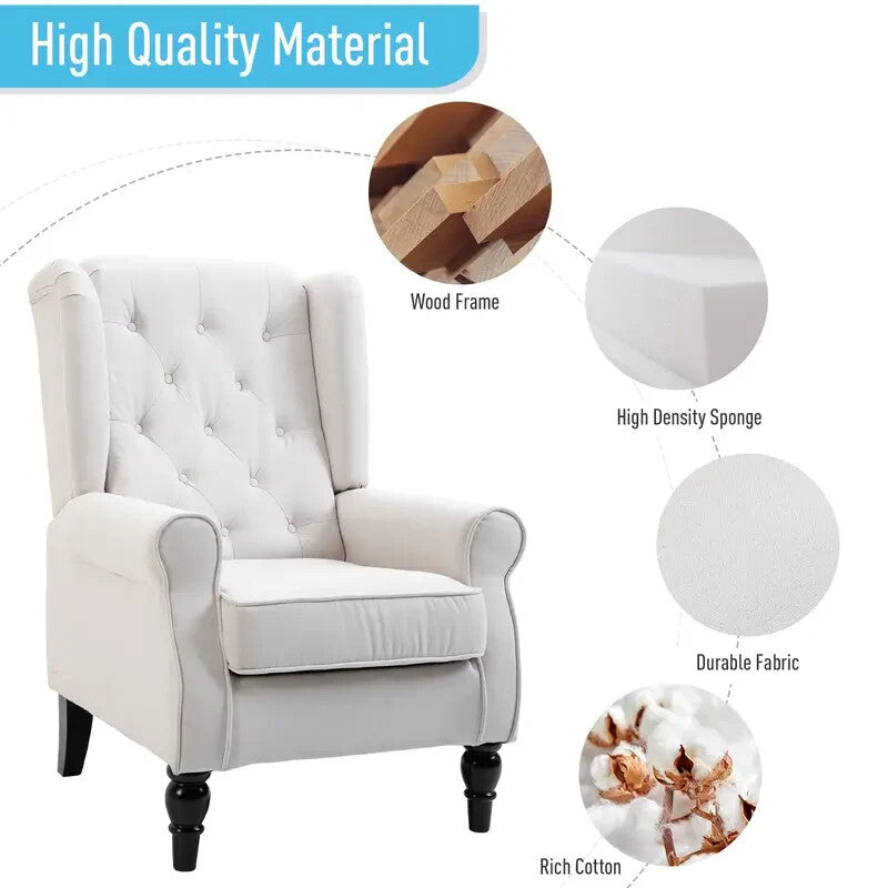 Cream Wingback Accent Armchair Linen Tufted High Back Chair Wood Legs