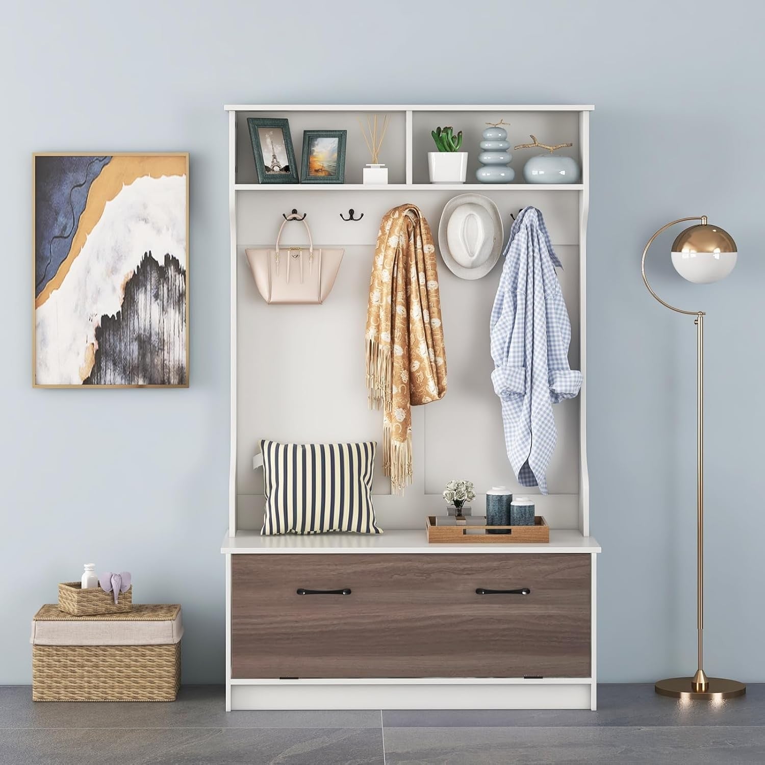 White Hall Tree Coat Rack with Shoe Storage Bench & Shelves for Entryway