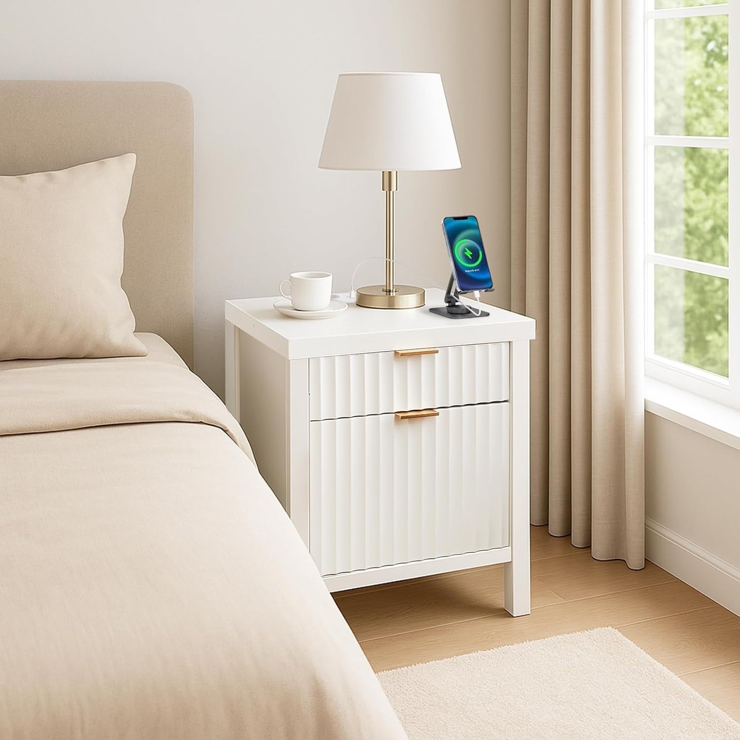 Modern White Bedside Table 2 Drawers with USB Charging Station 71x47x20cm