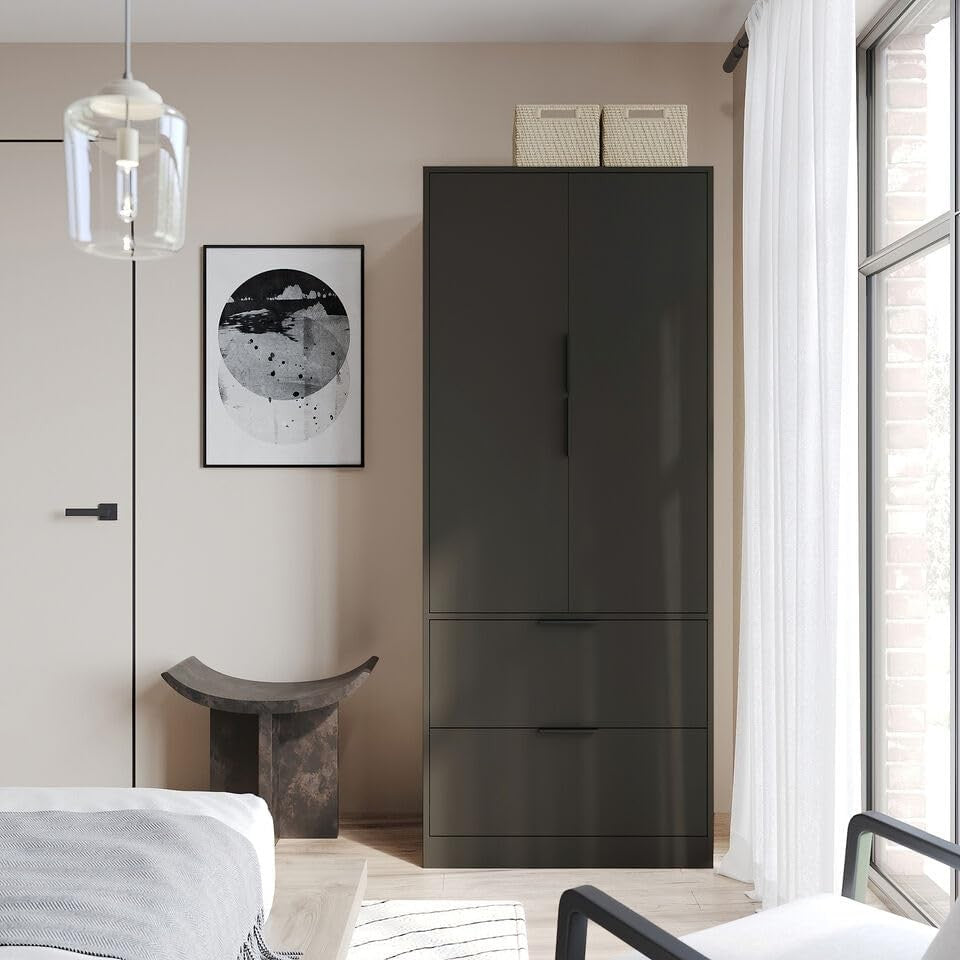 Black 2 Door Wardrobe with 2 Drawers, Hanging Rail & Clothes Storage Unit