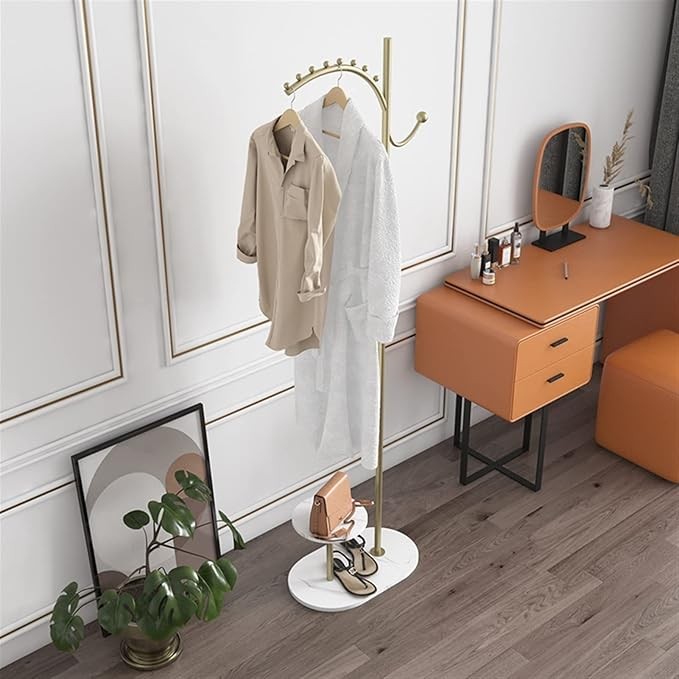 Modern Gold Metal Coat Rack Stand | Marble Base Hall Tree with Hat Hooks